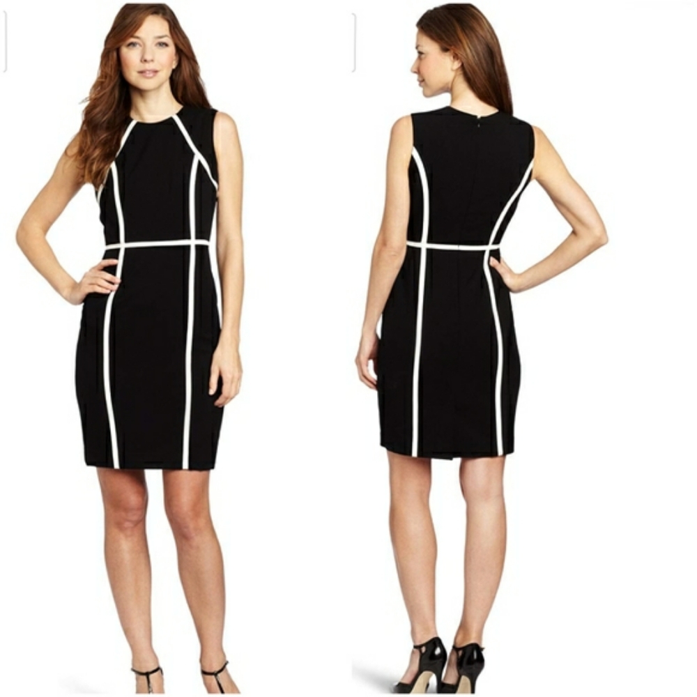 Calvin Klein Black & White Sleeveless Piped Dress
